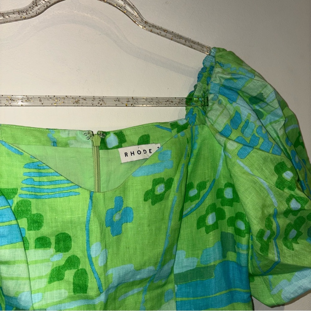 RHODE Dali Dress Puff Sleeve Linen Cotton Electric Eden Green Floral Print Sz 6 - Picture 8 of 10